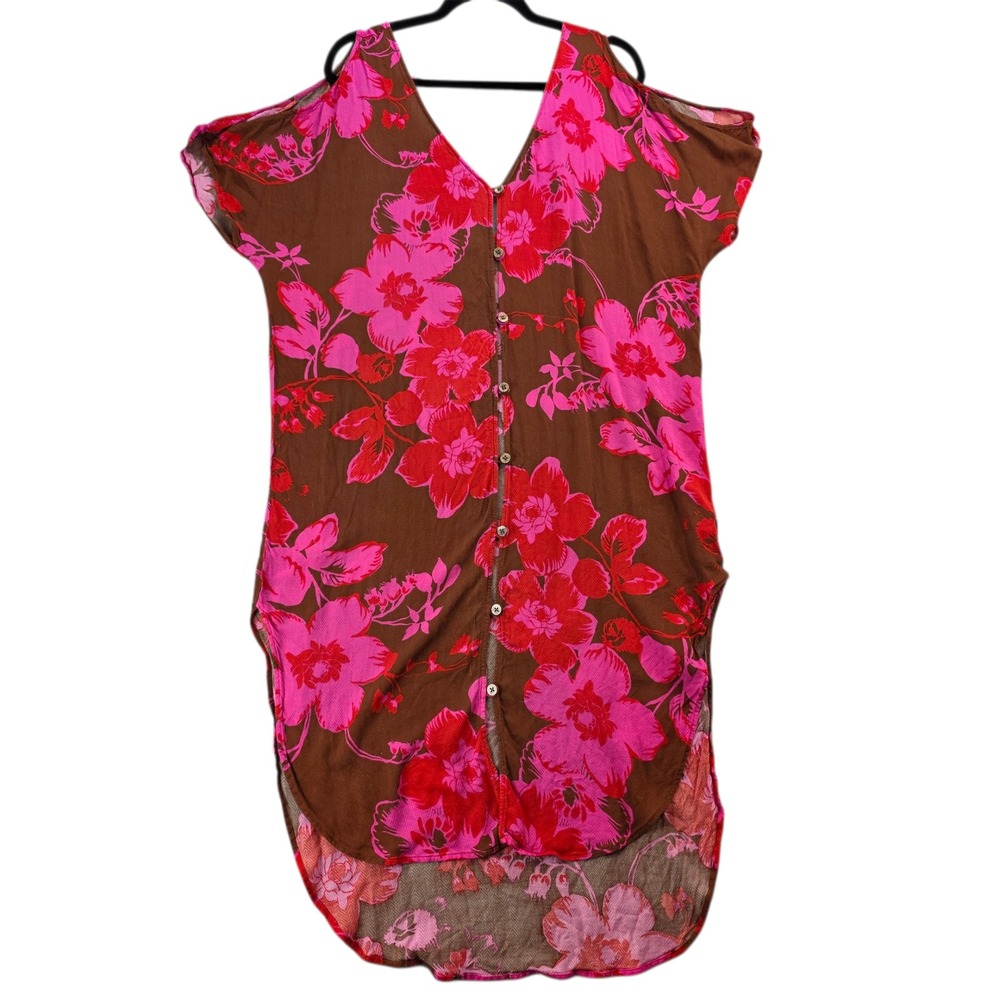 Cabi Tahitian Cover Up Floral Cold Shoulder Button Front Kaftan Dress‎ XS S